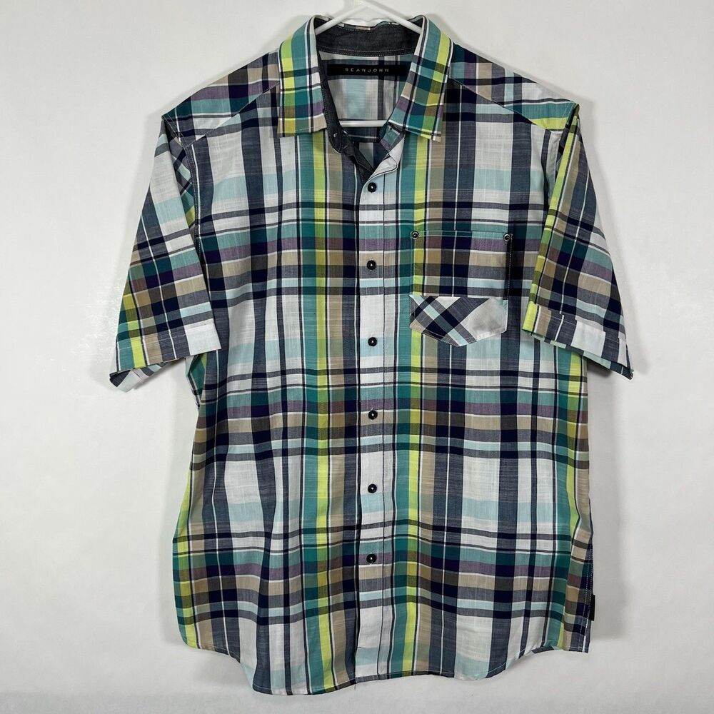 Sean John Short Sleeve Button Up Shirt Mens Size Large Colorful Plaid Pocket